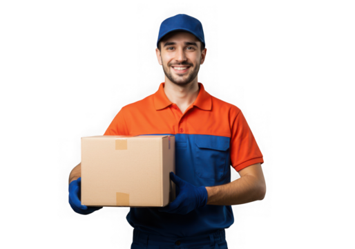 Delivery person holding package smiling on transparent background - Powered by Adobe