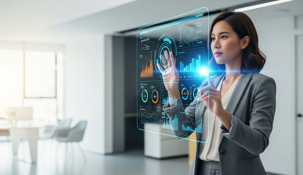 Businesswoman in a modern office analyzing data on a futuristic holographic user interface.