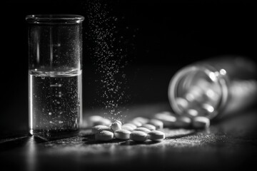 Black and white image of pills, water, and a test tube, showcasing health and medicine.