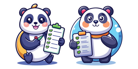 Motivational Panda Holding Goal Achieved Checklist Vector – Success Concept Illustration for Office, Business, Productivity, Achievement, and Inspirational Design Projects
