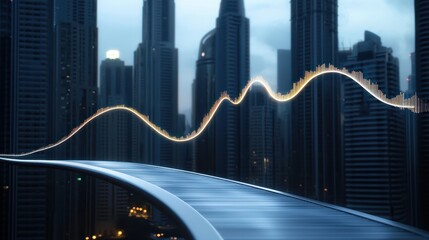 Urban Skyline with Amplifying Sound Wave Over Futuristic Bridge