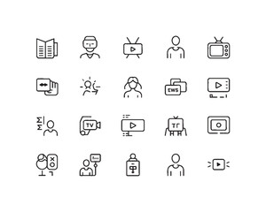 Editable Mass Media Vector Line Icon Set – Journalism, News, TV Shows, Interviews, Reports & More. Vector Illustration.