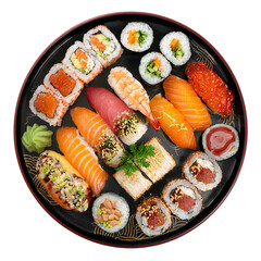 Sushi plate top view full length on transparent background