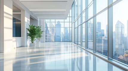 Obraz premium A modern office hallway with large glass windows showing a cityscape outside, natural daylight streaming in