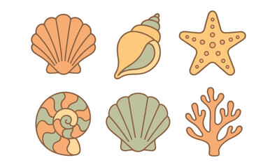 Colorful nautical icons featuring seashells, starfish, and coral in soft pastel tones