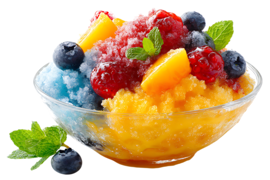 On transparent background a vibrant bowl of colorful shaved ice is topped with fresh berries mango chunks and