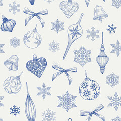 Christmas Vintage seamless pattern with toys, bow, snowflakes, bells, balls. Blue beige Hand drawn illustration. toile Vector background for design package, holiday, wrapping paper, decor new year