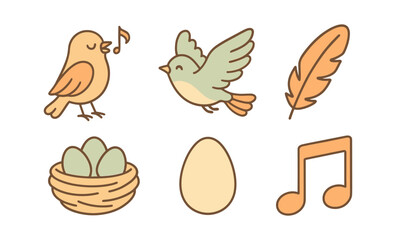 Charming animal icons with birds, nest, and music in soft pastel colors
