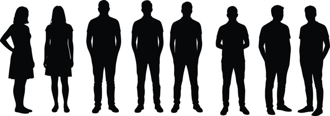 Silhouettes of diverse men and women standing in line, isolated on white background, teamwork concept, community, equality, and unity