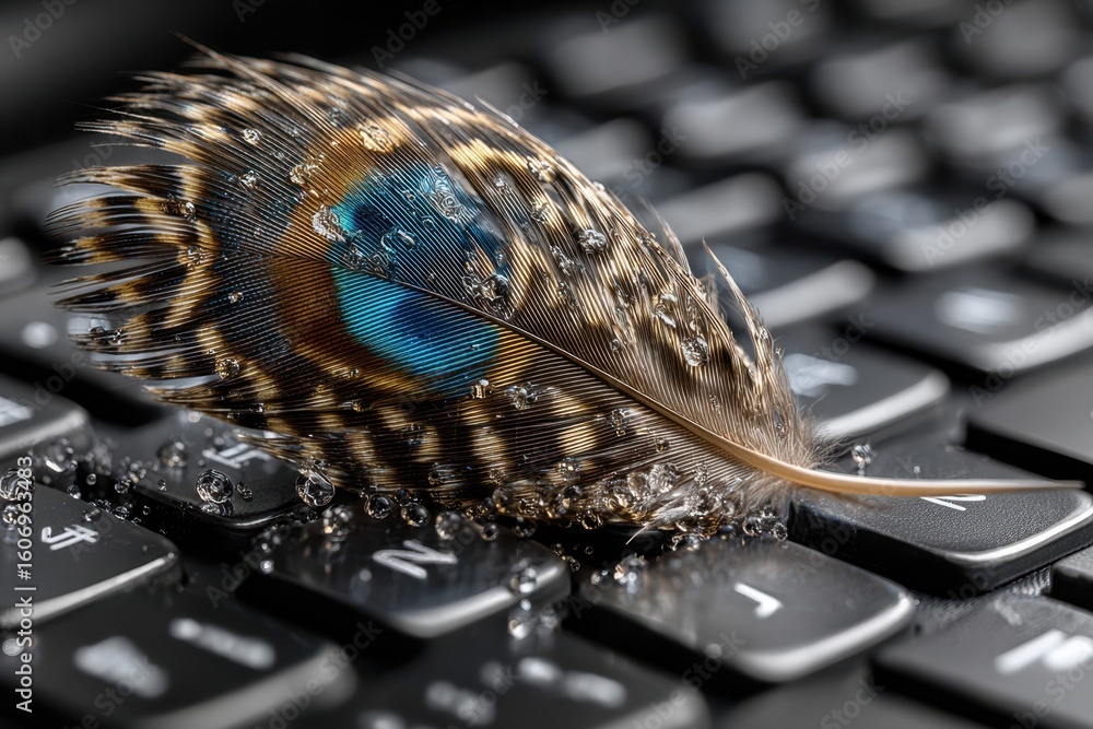Aufkleber colorful feather resting on a computer keyboard with droplets of water