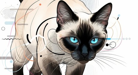 Elegant Siamese cat with piercing blue eyes in a modern graphic illustration style