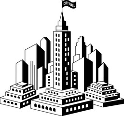 Fototapeta premium Stylized city skyline with tiered buildings and a prominent central tower architecture