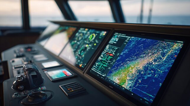 A closeup of a digital helm station showcasing a responsive touchscreen interface that includes ship speed heading and a detailed chart plotter that integrates realtime weather updates.