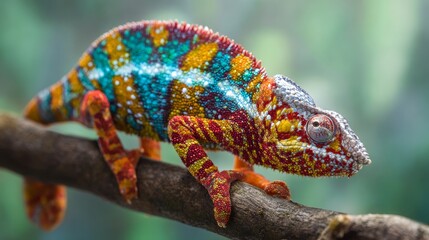 Close-up of a colorful chameleon with vibrant skin clinging to a tree branch in tropical forest. Its vivid colors offer perfect camouflage in nature despite seeming highly visible to the eye