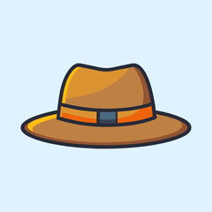 Cartoon illustration of a stylish brown fedora hat with orange ribbon