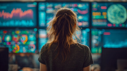 Woman monitoring multiple digital screens in a high-tech control room
