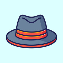 Stylized gray fedora hat with orange bands and dark blue outline