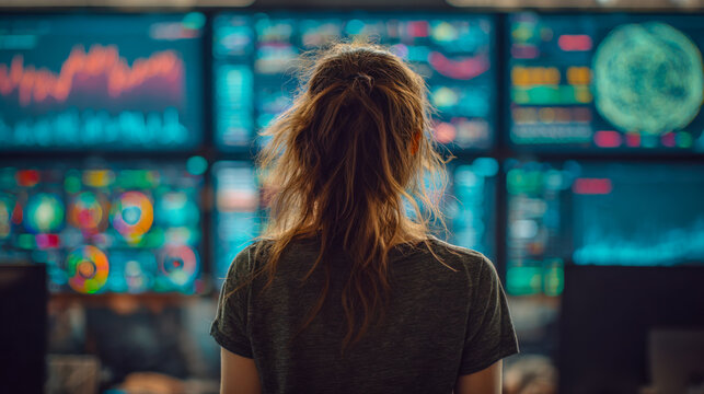 Woman monitoring multiple digital screens in a high-tech control room