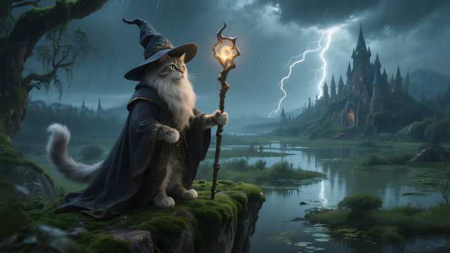 Majestic wizard cat with staff, overlooking a fantasy landscape during a stormy night; magical creature, medieval castle, lightning, rain, dark fantasy art