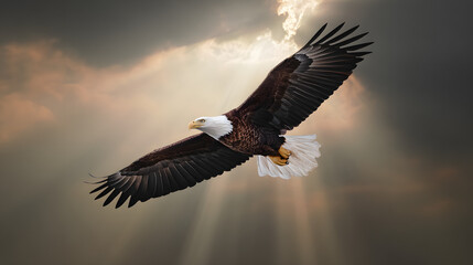 Obraz premium A majestic bald eagle soaring through a dramatic golden-hued sky.