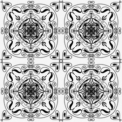 Vintage Floral Curved Line Mandala Pattern – Seamless Black and White Decorative Tile