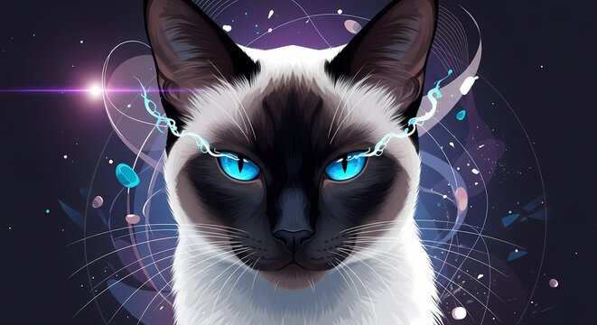 Cosmic Siamese cat with psychic energy and glowing blue eyes in a celestial nebula.