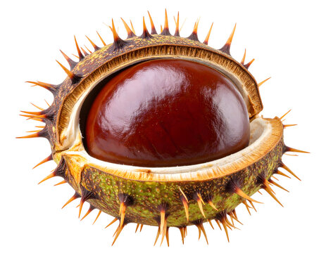 Open Horse Chestnut Seedpod Featuring a Shiny Brown Nut on White