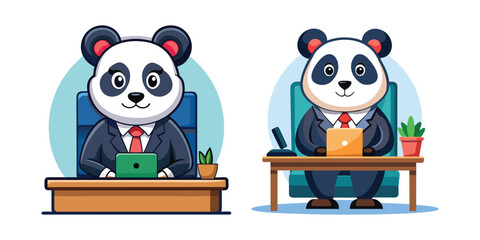 Confident Panda Entrepreneur Sitting at Desk, Business Success Vector Illustration, Professional Panda Mascot, Office Work, Startup Concept, Corporate Leadership, Motivated Animal Character