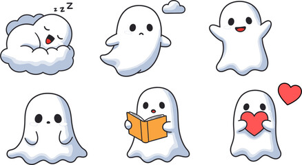 Cute cartoon ghosts vector illustration set for halloween designs and graphic elements collection design