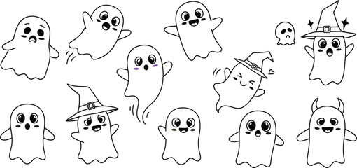 Cute halloween ghost coloring page boo spooky kawaii ghosts witch hat drawing for kids and adults fun activity