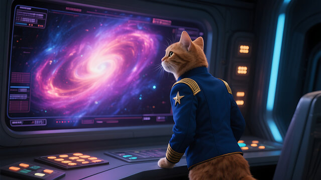 Orange tabby cat astronaut in navy blue uniform gazing at galactic nebula on spaceship bridge console screen - Powered by Adobe