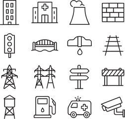infrastructure line editable icon set. Contains icons related to public infrastructure. City elements. vector illustration