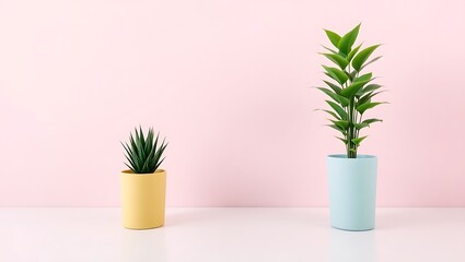 Fototapeta premium Two potted plants on a pink background with a minimalist aesthetic