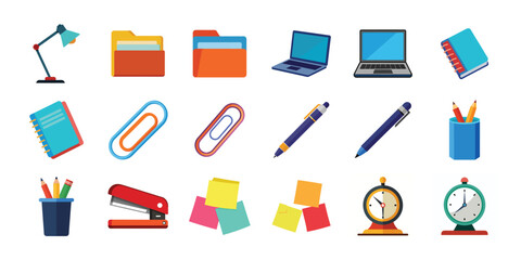 Vector art of a vibrant collection of essential office supplies arranged neatly are isolated on white background