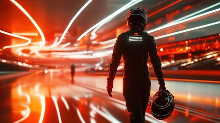 Futuristic-style racer walking with a high-end helmet in hand, energy light streaks floating around, race track start area in the background