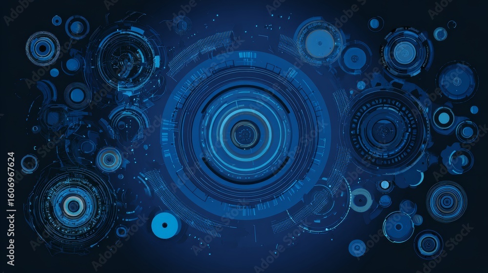 Poster futuristic blue background with abstract circles and technological elements, representing hi-tech di