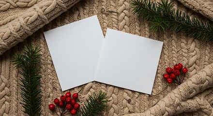 Cozy winter flatlay with blank cards and festive decorations