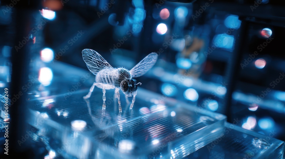 Poster emerging silhouette of a tiny insect drone as it detaches from the 3d printer set against a backdrop