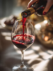 Clinking glasses: pouring red wine into a glass with a blurred background