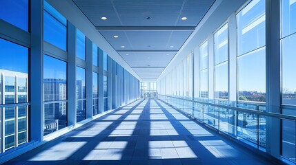 Fototapeta premium Modern office building interior, hallway lined with glass partitions, sunlight reflecting on the floor, city view outside