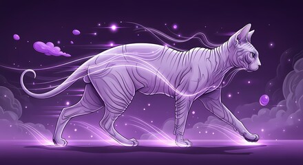 A mystical Sphynx cat walks through a cosmic nebula, surrounded by ethereal purple light and stars.