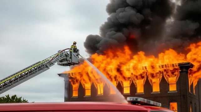 A firefighter bravely battles a raging inferno engulfing a multistory building, with thick black smoke billowing into the sky as water streams from a ladder truck