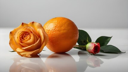 A tasteful still life arrangement featuring a vibrant orange rose, a whole unpeeled orange, and a rosebud, accompanied by green leaves, all meticulously placed on a clean, reflective light surface aga