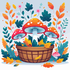 Colorful mushrooms with autumn leaves in woven basket design  
