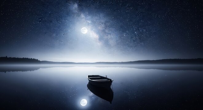 Lone Boat on a Mirrored Lake Under the Moonlit Milky Way.