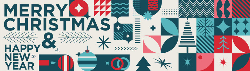 Obraz premium Merry Christmas Vibrant Abstract minimalist style Geometric Pattern with Modern Typography Colorful Festive and Snowflakes Holiday Greeting Background Design
