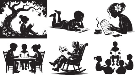 Reading Silhouette Vector Art Set: Children, Adults, Books, Tree, Table, Rocking Chair
