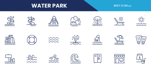 Water Park Line Icons – for Pools, Slides, Fountains, and Summer Activities