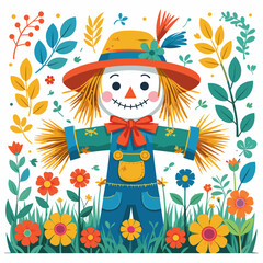 Naklejka premium Colorful scarecrow surrounded by vibrant flowers and leaves 
