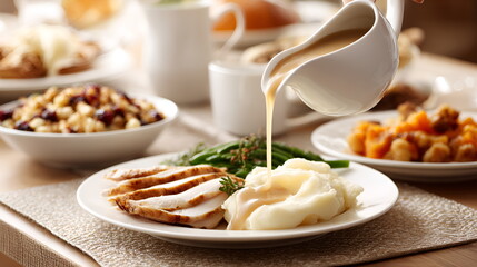 Delicious turkey dinner with mashed potatoes and gravy on table  